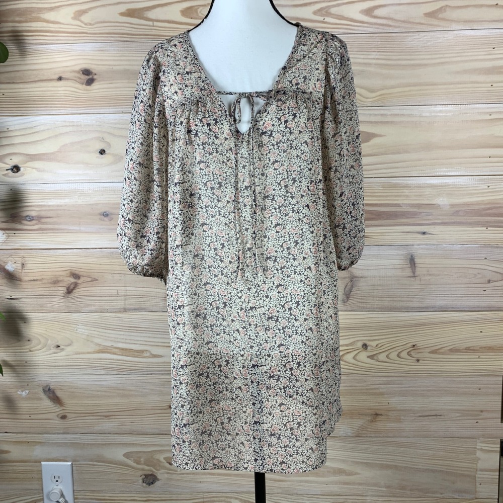 Everly Floral Shift Dress Womens Medium Cream Pink Sheer Dark Fairy‎ Tunic Mini
